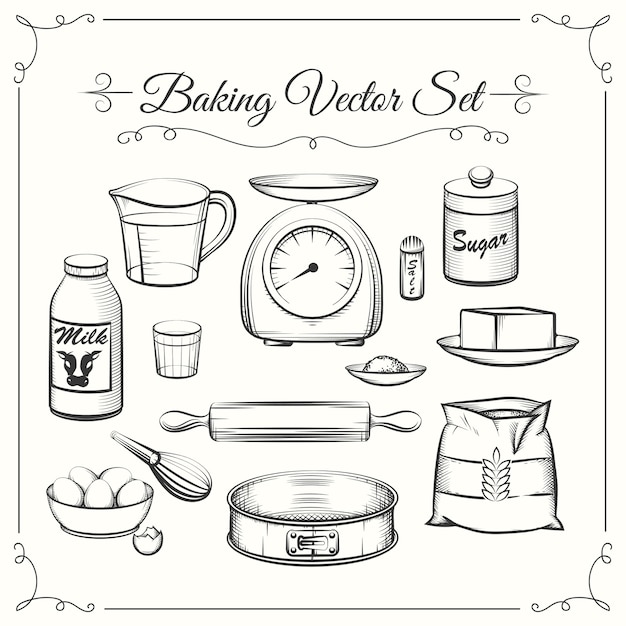 Free Vector baking food ingredients and kitchen tools in hand drawn vector style. food cooking pastry, sieve and scales, flour and sugar illustration