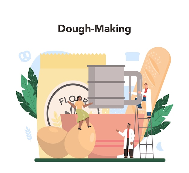 Free Vector baking industry concept baking pastry process bakery worker making dough and pastries goods isolated vector illustration