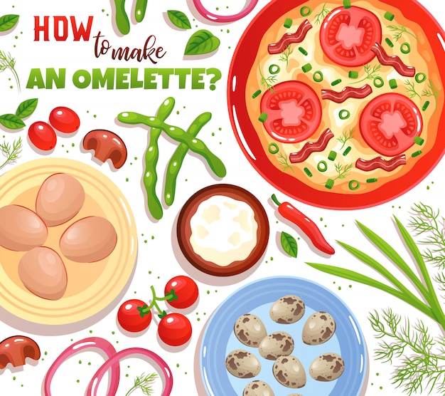 Baking of omelette with ingredients eggs vegetables mushrooms and greenery on white flat illustration