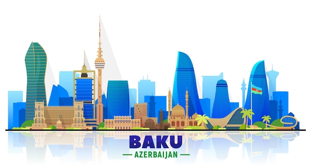 Baku Azerbaijan city skyline silhouette vector at white background Flat vector illustration Business travel and tourism concept with modern buildings Image for banner or website