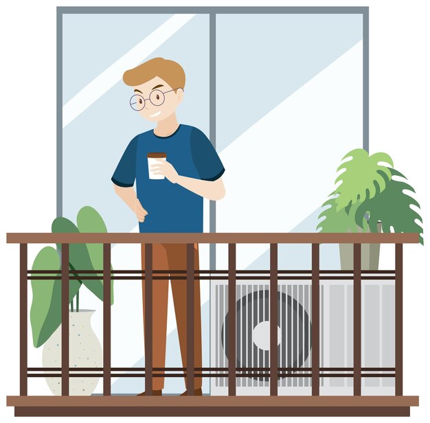 Balcony garden flat with man holding coffee on white background