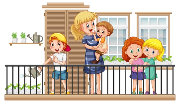 Free Vector balcony scene with a woman and her children