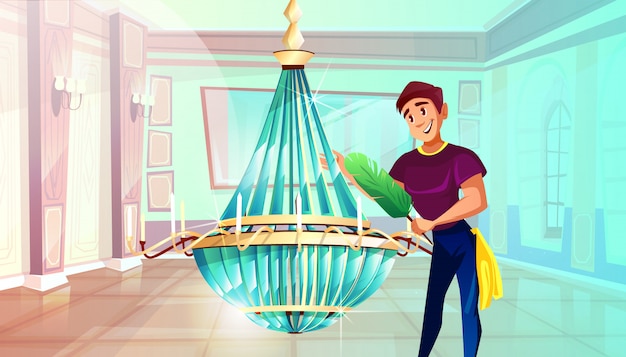 Ballroom cleaning illustration of man dusting big crystal chandelier with feather duster.