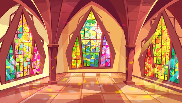 Ballroom illustration of royal gothic palace hall with stained glass windows 