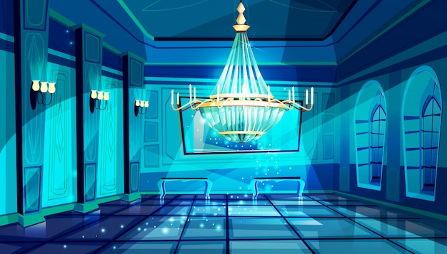 Free Vector ballroom in night illustration of palace hall with crystal chandelier and midnight magic moon