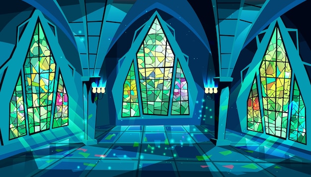 Free Vector ballroom or palace illustration of royal gothic hall at night with stained glass windows