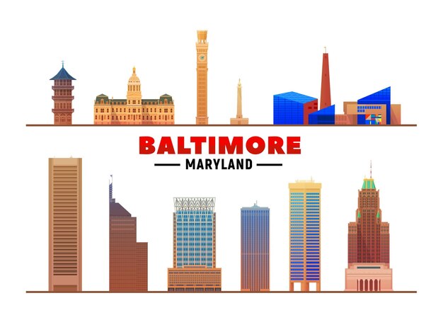 Baltimore Maryland USA landmarks at white background Vector Illustration Business travel and tourism concept with modern buildings Image for banner or web site