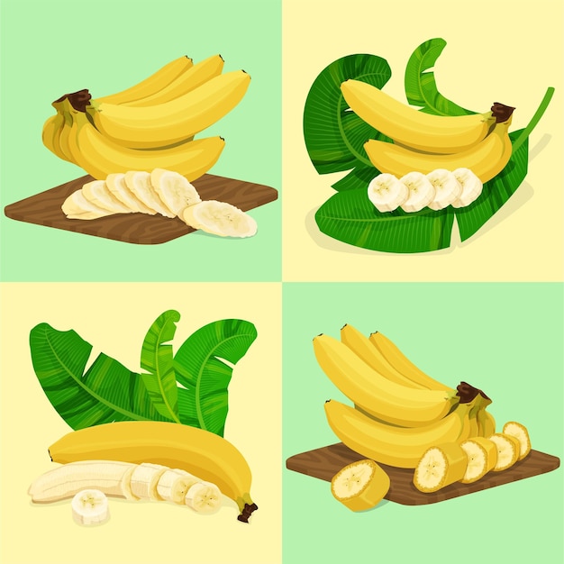 Free vector banana flat set with four square compositions of banana bunches palm leaves and slices for serving vector illustration