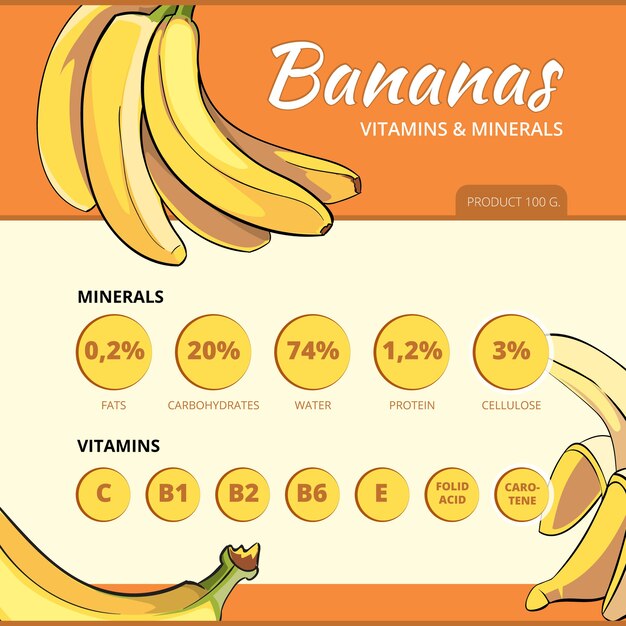 Banana and vitamins vector infographics. Information about food, fresh nutrition and health illustration