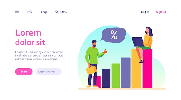 Bank client and manager discussing interest rate. People talking, using laptop, growth bar chart web template.