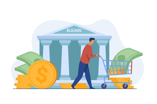 Bank customer getting loan. Man wheeling cart with cash flat vector illustration. Finance, money, banking, service