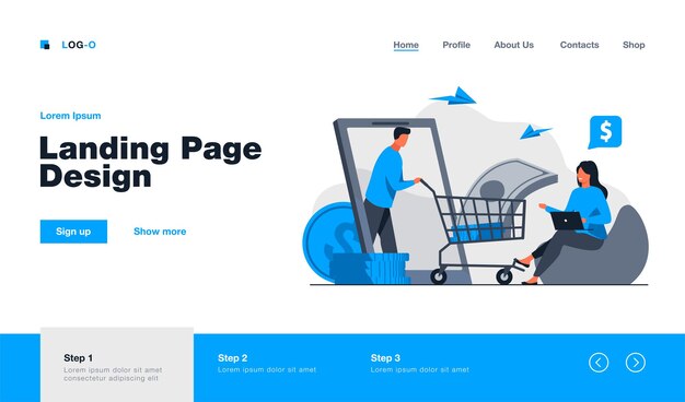 Bank customer getting loan online landing page in flat style