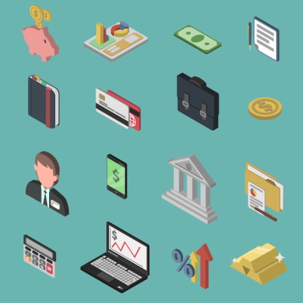 Bank Isometric Icon Set