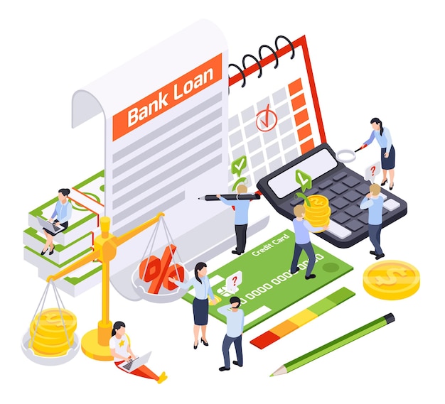 Bank loan isometric composition with icons of contract and credit card with stationery items and people illustration