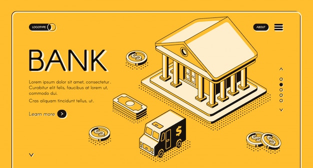 Free Vector bank and money isometric thin line illustration of dollar money and cash cit van