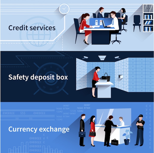 Bank people banners set with credit services and currency exchange flat elements