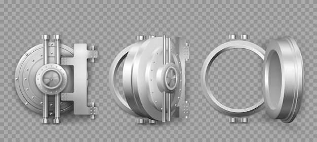 Bank safe vault door opening motion sequence animation. Metal steel round gate close, slightly ajar and open, isolated mechanism with welds and rivets. Gold and money storage, Realistic 3d vector set