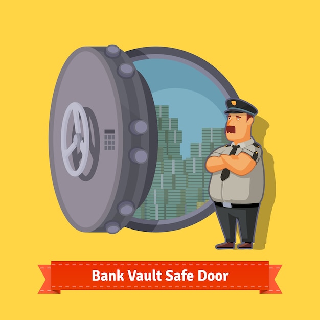 Free Vector bank vault room safe door with a officer guard