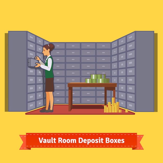 Bank vault room with a clerk and deposit boxes