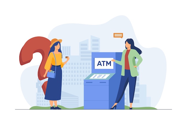 Bank worker helping customers to use ATM. Girl with credit card having question flat vector illustration. Finance, service, consultation