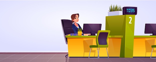 Free Vector bank worker sitting at desk with computer and chair for visitor, credit or financial department counter with female employee, banker woman in office provide services, cartoon vector illustration