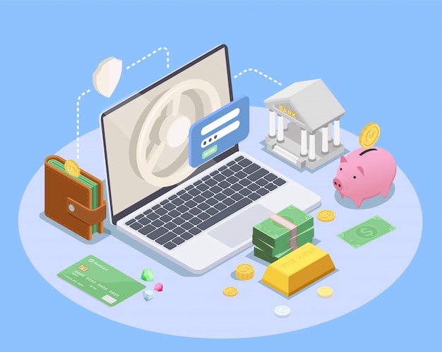 Banking financial isometric composition with images of laptop computer icons of still bank wallet and money vector illustration