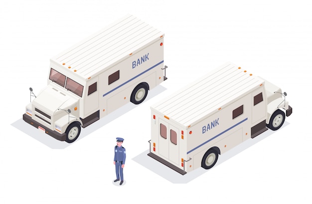 Banking financial isometric composition with isolated images of bank cash-in-transit vans