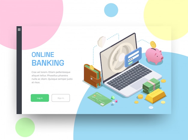 Banking financial isometric landing page design with clickable buttons