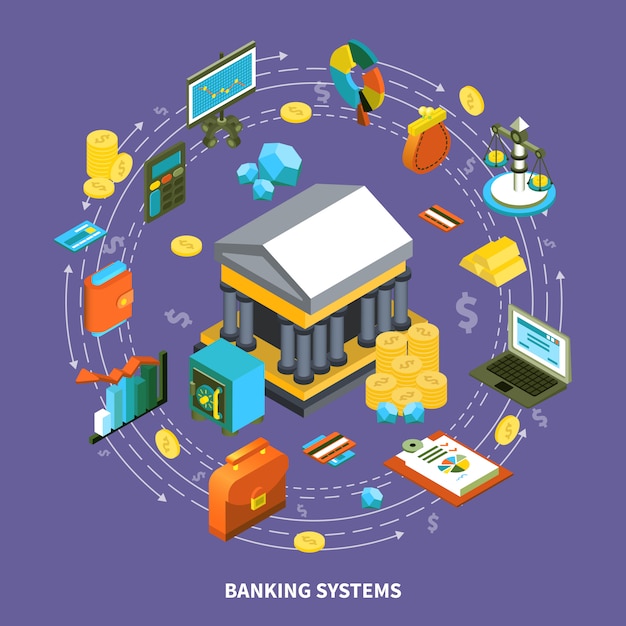 Banking Systems Isometric Round Composition