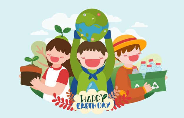 Banner  of Children help to plant trees and collect plastic bottles on happy earth day in cartoon character