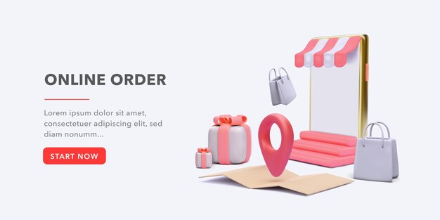 Banner concept for fast online order with store in phone, gifts, gift bags, location in realistic style. Vector illustration