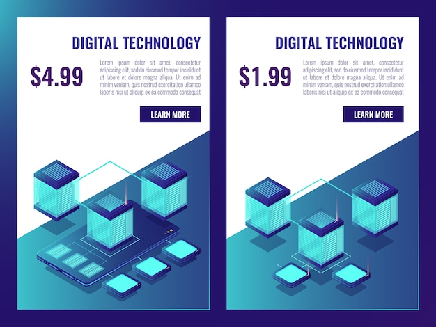 Free vector banner of hosting and data cloud storagem, server room brochure with price