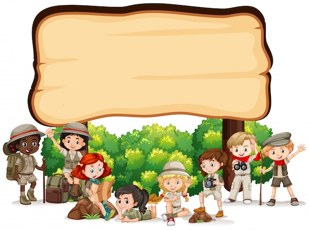 Banner template design with kids in outdoor outfit