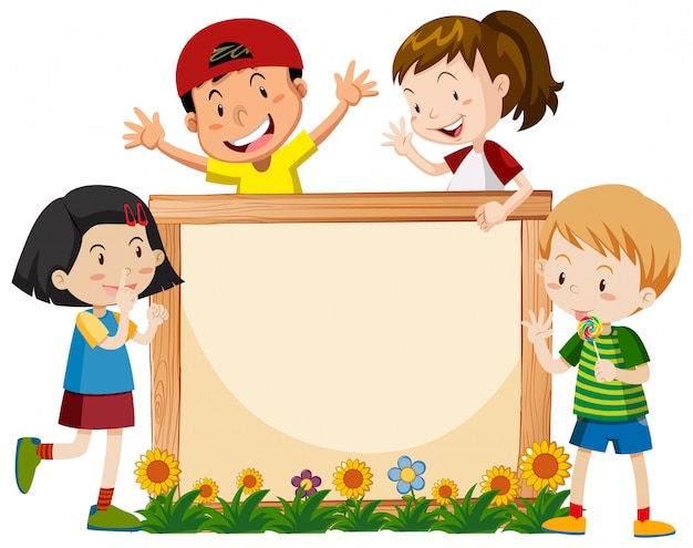 Banner template with many kids and flowers