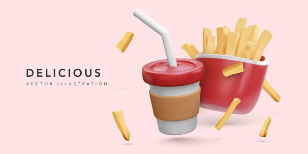 Banner with 3d realistic coffee cup and fries potatoes isolated on pink background Vector illustration