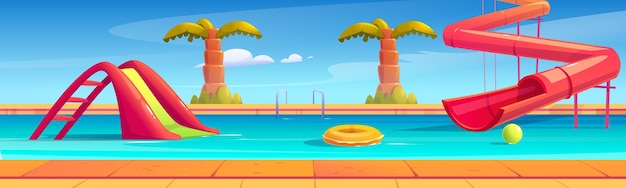 Free Vector banner with aqua park with swimming pool, water slides and palms