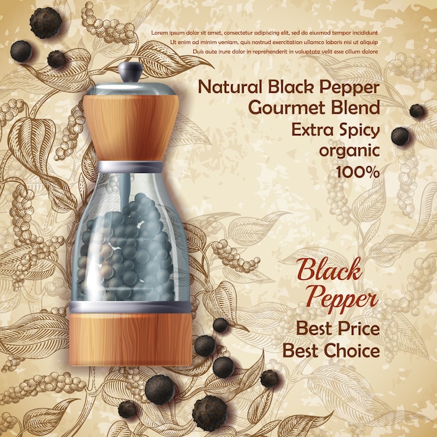 banner with pepper mill, filled with black peppercorns on textured background