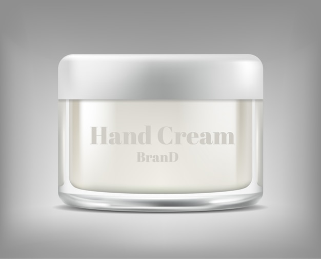 banner with realistic glass jar of cosmetic cream, bottle with moisturising mask