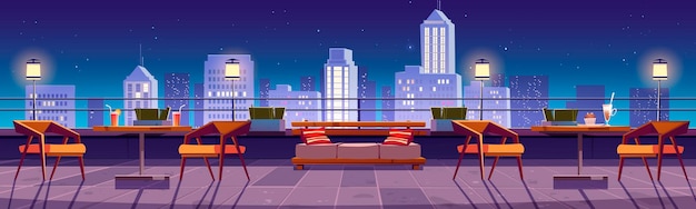 Free vector banner with restaurant at night in rooftop with city view