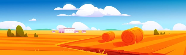 Free vector banner with rural landscape with hay bales on agriculture field and farm buildings