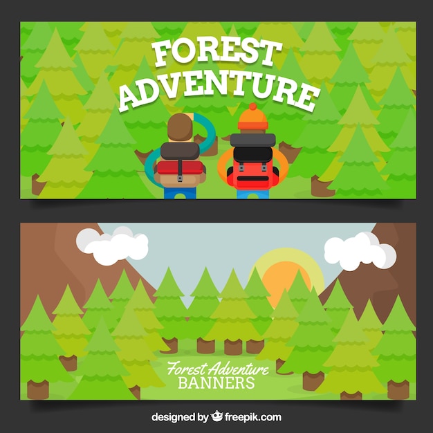 Free Vector banners about two young adventurers in the forest  