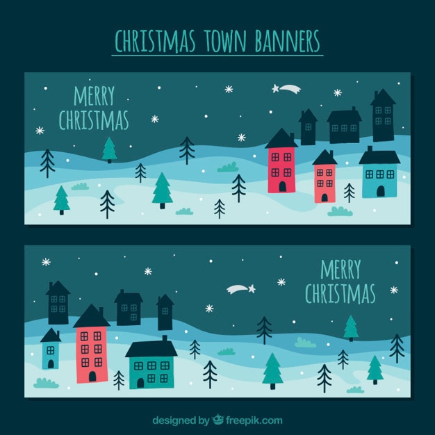 Free vector banners of beautiful houses in snowy landscapes