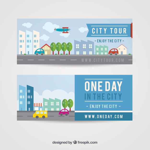 Banners of buildings and cars in flat design