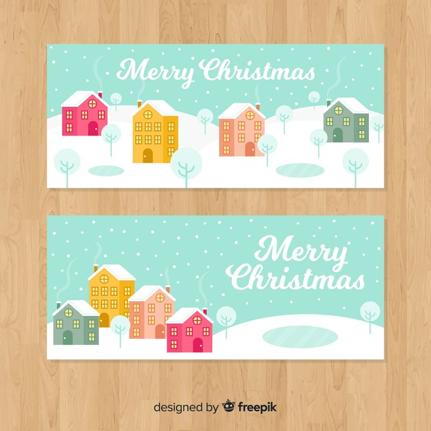 Banners in flat design with christmas town