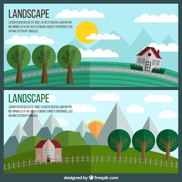 Free vector banners of houses in the field in flat design