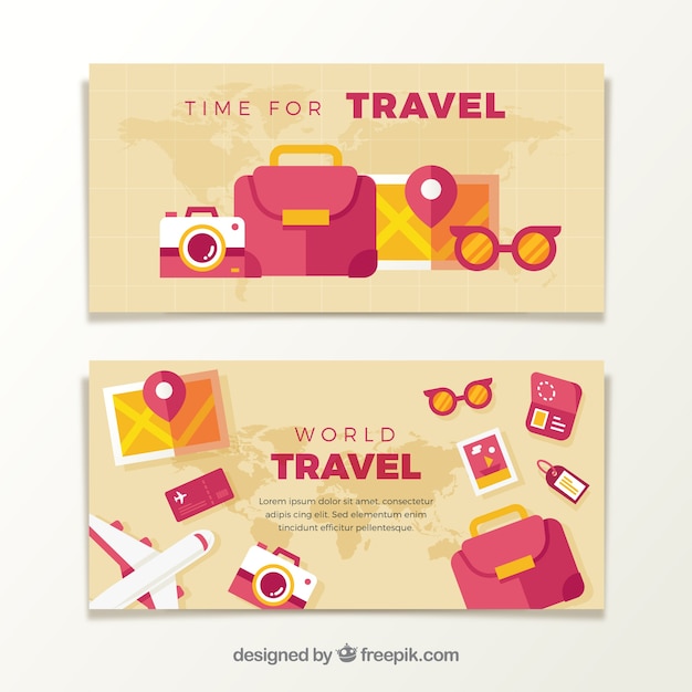 Banners of travel accessories in flat design