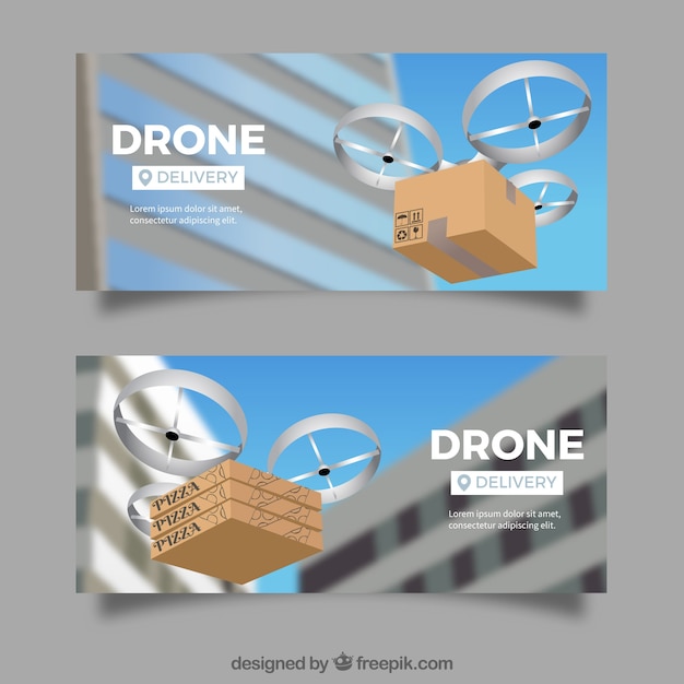 Free Vector banners with drones delivering package