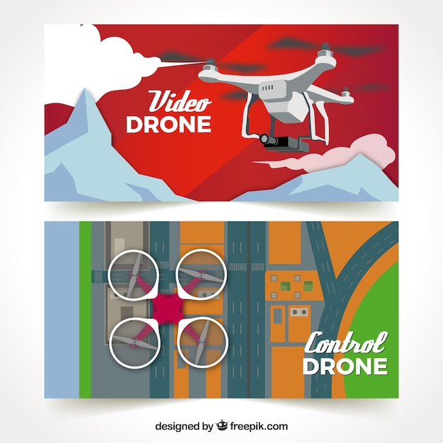 Free Vector banners with drones in mountains and city