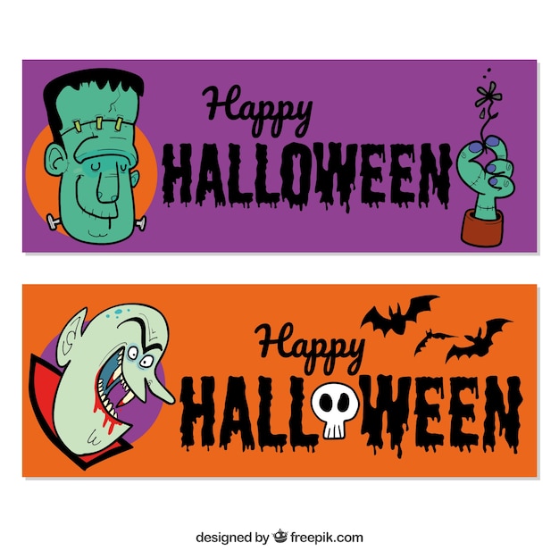 Banners with funny hand drawn halloween characters 