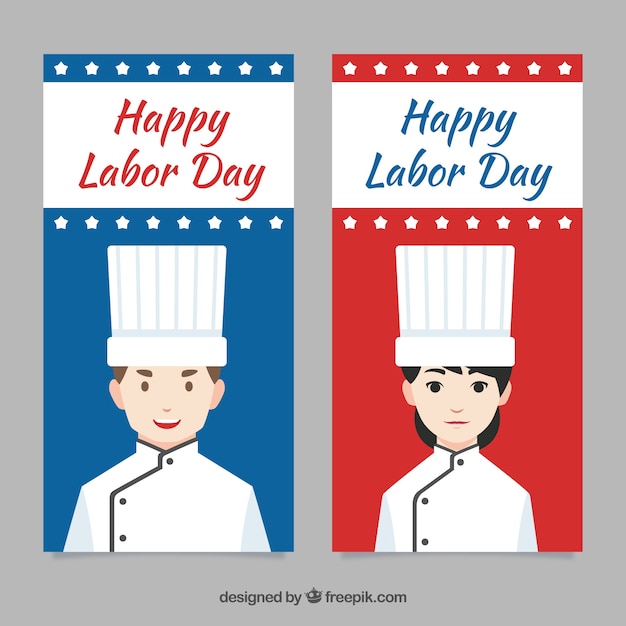 Free Vector banners with male and female chefs on labour day